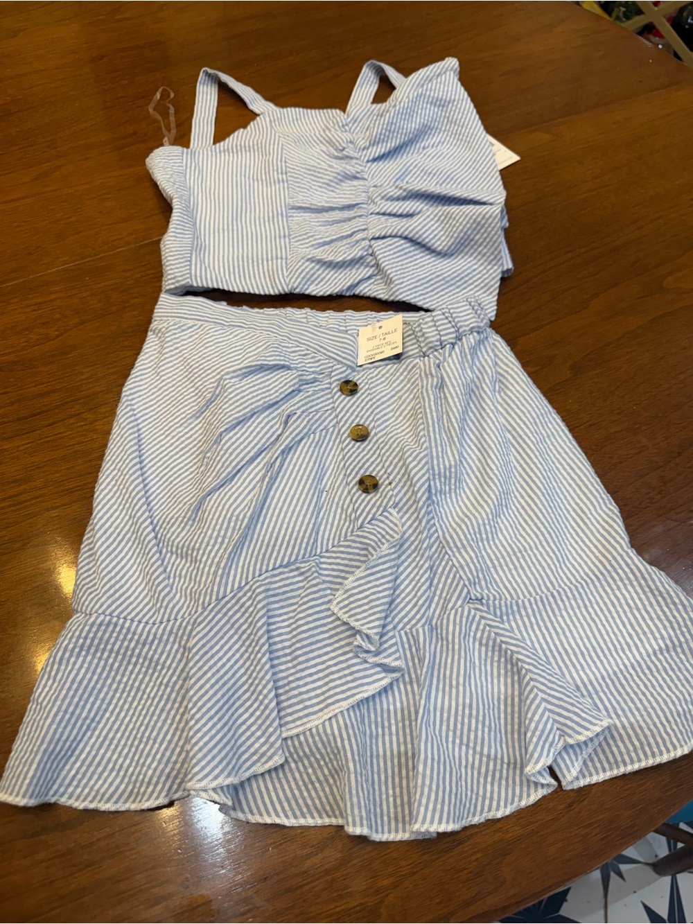 Habitual Girls Blue & White Striped Two-Piece Crop Top and Ruffle Skirt Set